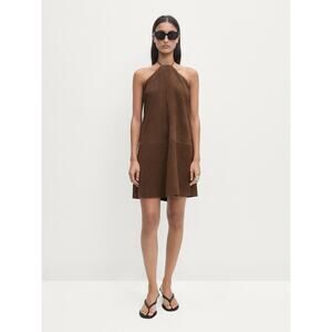 Massimo Dutti Goat Leather Suede Finish Halter Mini Dress Brandy NEW Size Medium